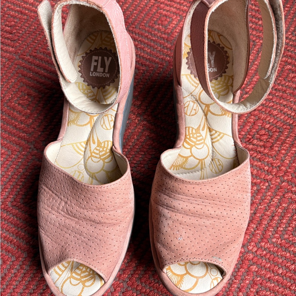 FLY London Pink Suede Peep-Toe Wedge Sandals with Ankle Strap